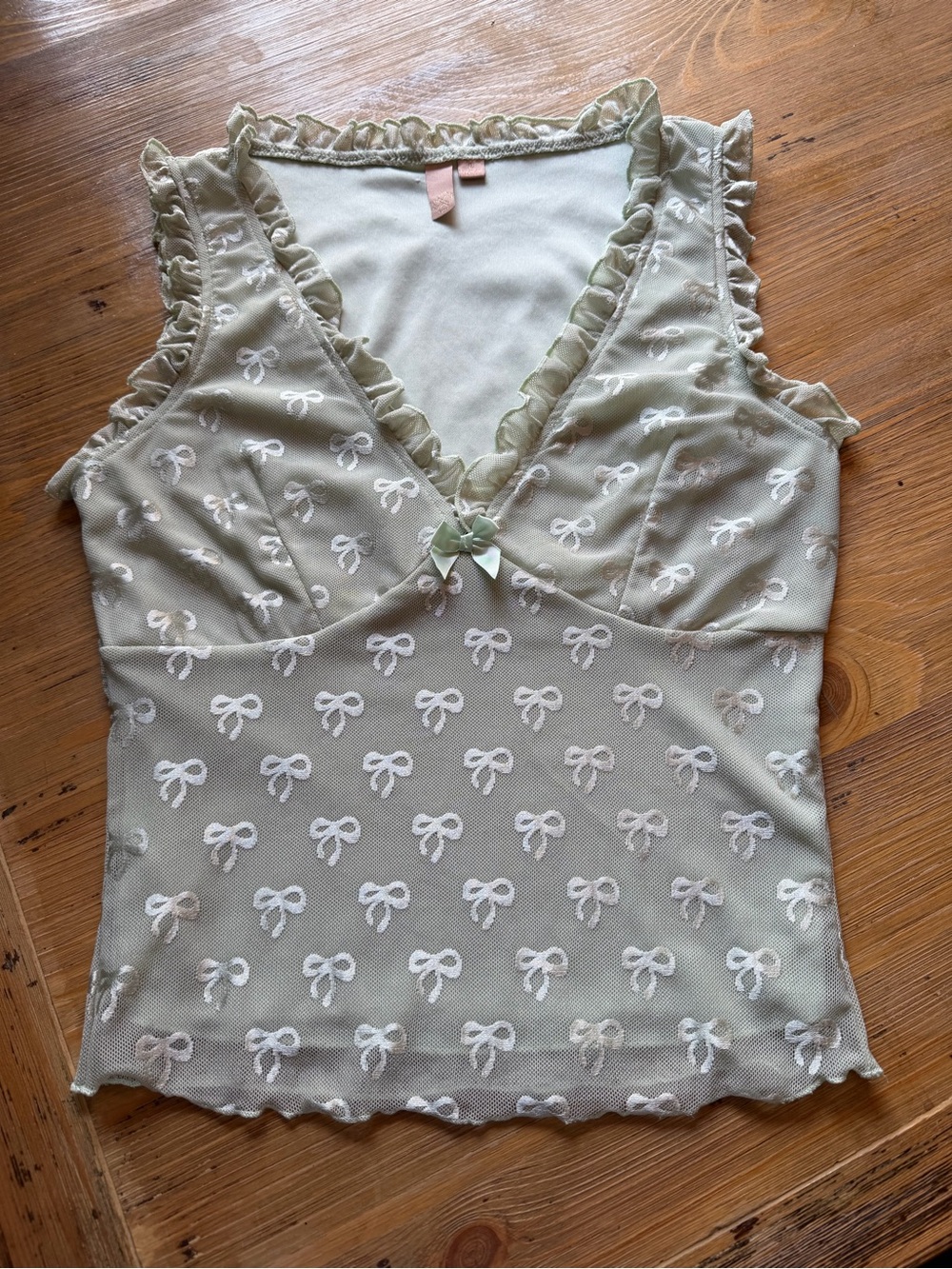 Evolutionary Apparel Sage Green Bow Mesh Ruffle Tank Top Size S